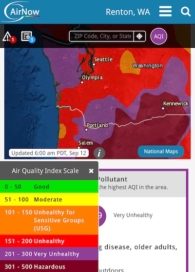 Pacific Northwest map showing very poor air quality due to forest fires