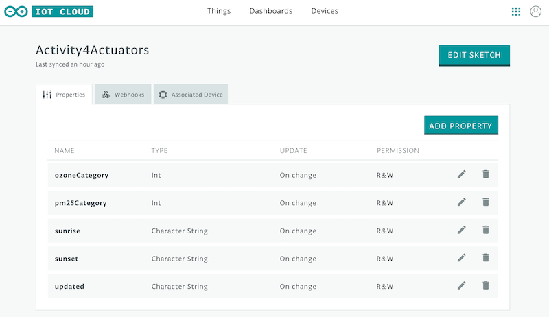 Screenshot of the Arduino IoT Cloud Properties for the Air Quality monitor project