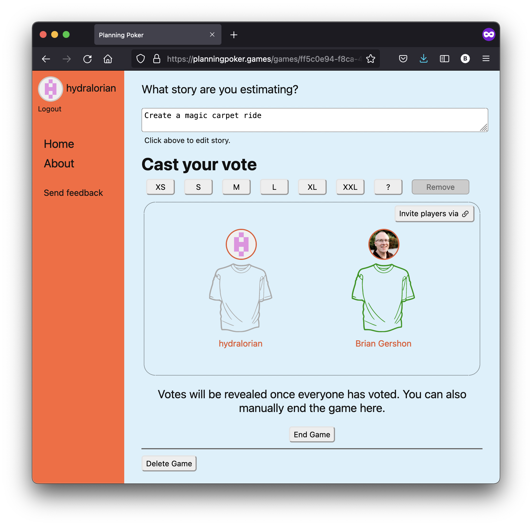 Screenshot of a Planning Poker game in progress where one player had voted their estimated t-shirt size